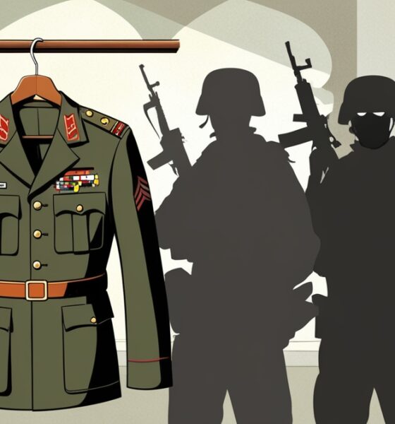 “Uniform militer Suriah yang tampak baru di atas manekin dengan bayangan berbentuk siluet pejuang jihad di belakangnya, menggambarkan transformasi milisi menjadi institusi negara.”