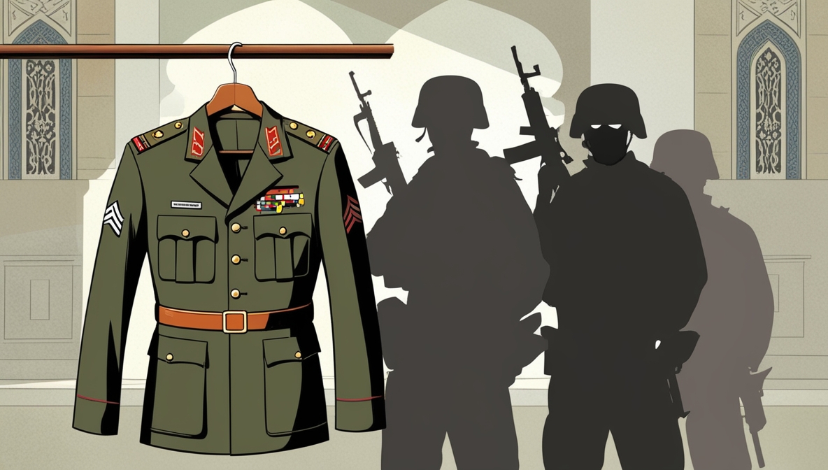 “Uniform militer Suriah yang tampak baru di atas manekin dengan bayangan berbentuk siluet pejuang jihad di belakangnya, menggambarkan transformasi milisi menjadi institusi negara.”