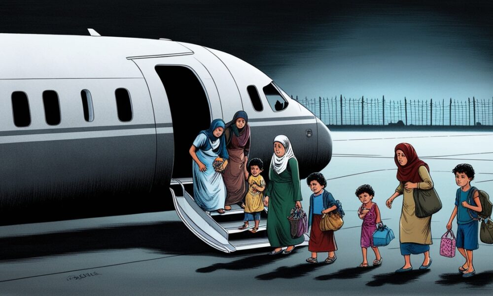 Keluarga Palestina yang kelelahan turun dari pesawat tak berpenanda di landasan gelap, anak-anak berkeringat dan kebingungan, menggambarkan perpindahan paksa yang sunyi.