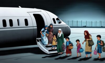 Keluarga Palestina yang kelelahan turun dari pesawat tak berpenanda di landasan gelap, anak-anak berkeringat dan kebingungan, menggambarkan perpindahan paksa yang sunyi.