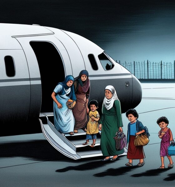 Keluarga Palestina yang kelelahan turun dari pesawat tak berpenanda di landasan gelap, anak-anak berkeringat dan kebingungan, menggambarkan perpindahan paksa yang sunyi.