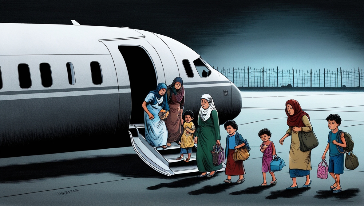 Keluarga Palestina yang kelelahan turun dari pesawat tak berpenanda di landasan gelap, anak-anak berkeringat dan kebingungan, menggambarkan perpindahan paksa yang sunyi.