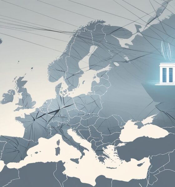 Abstract illustration of Europe with fine cracks and soft light waves emerging from Germany, symbolizing a quiet, invisible tension