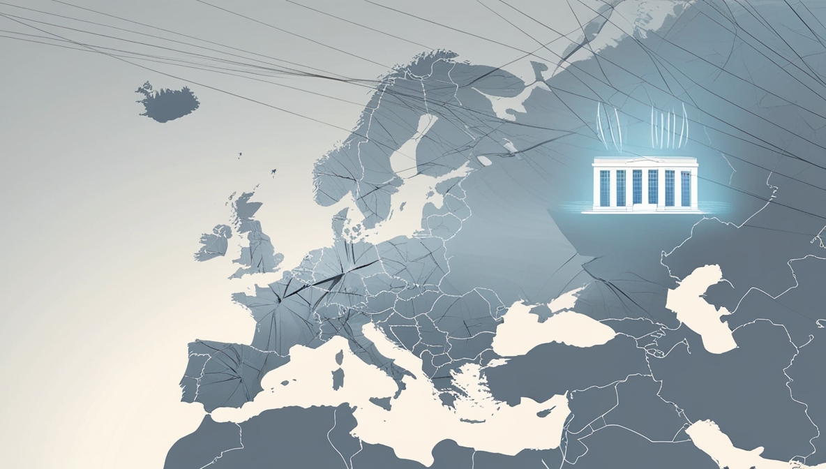 Abstract illustration of Europe with fine cracks and soft light waves emerging from Germany, symbolizing a quiet, invisible tension