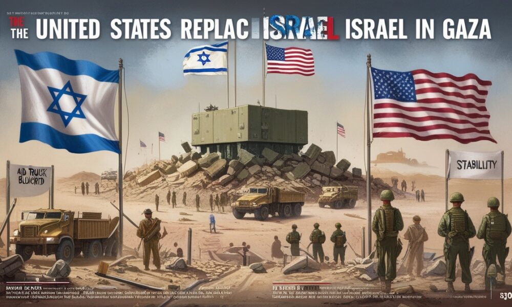 Ilustrasi editorial Amerika menggantikan Israel di Gaza dengan pangkalan militer besar, simbol kontrol baru di balik retorika stabilitas.