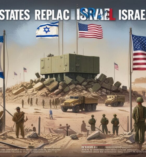 Ilustrasi editorial Amerika menggantikan Israel di Gaza dengan pangkalan militer besar, simbol kontrol baru di balik retorika stabilitas.