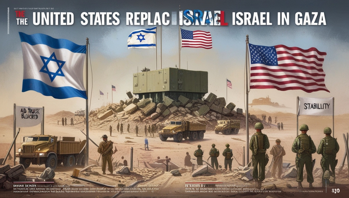 Ilustrasi editorial Amerika menggantikan Israel di Gaza dengan pangkalan militer besar, simbol kontrol baru di balik retorika stabilitas.