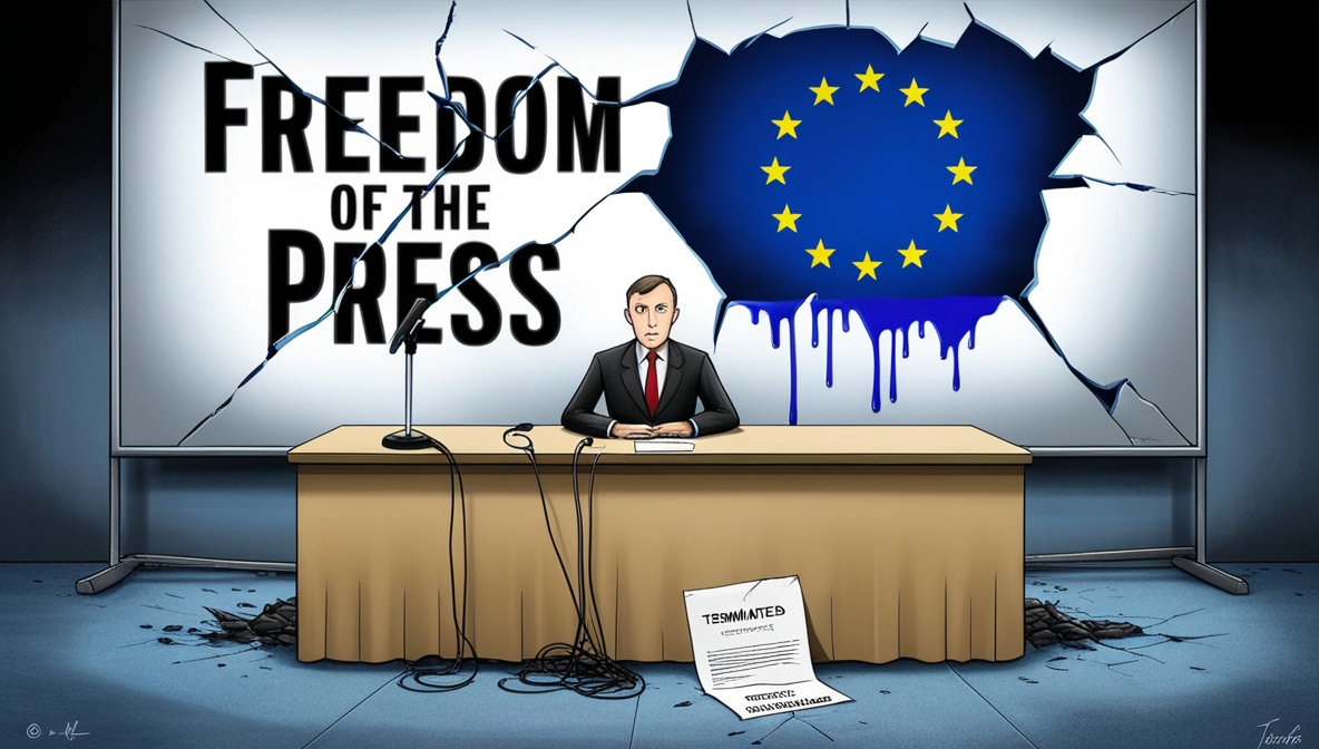 Jurnalis duduk sendirian di depan mikrofon terputus, dengan layar bertuliskan “Freedom of the Press” yang retak dan bendera Uni Eropa yang luntur di belakangnya.