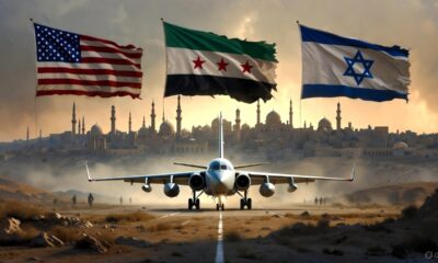 U.S. military plane lands in Damascus beneath faded flags of three nations.