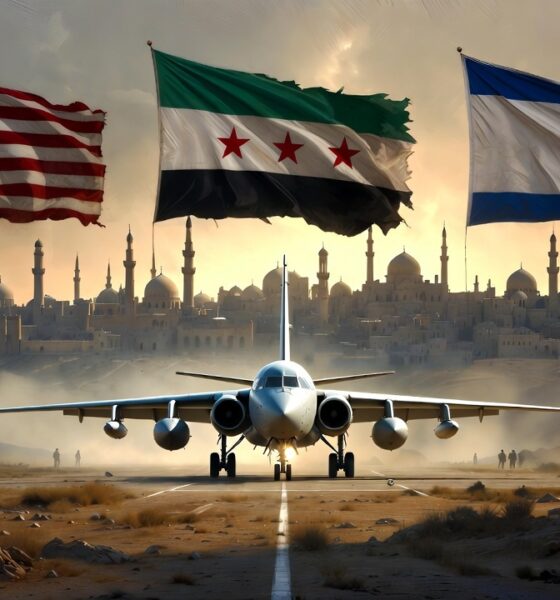 U.S. military plane lands in Damascus beneath faded flags of three nations.