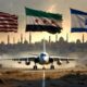 U.S. military plane lands in Damascus beneath faded flags of three nations.