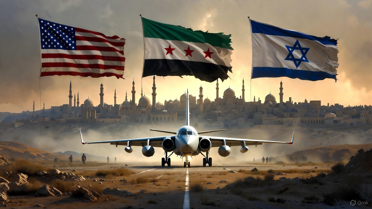U.S. military plane lands in Damascus beneath faded flags of three nations.
