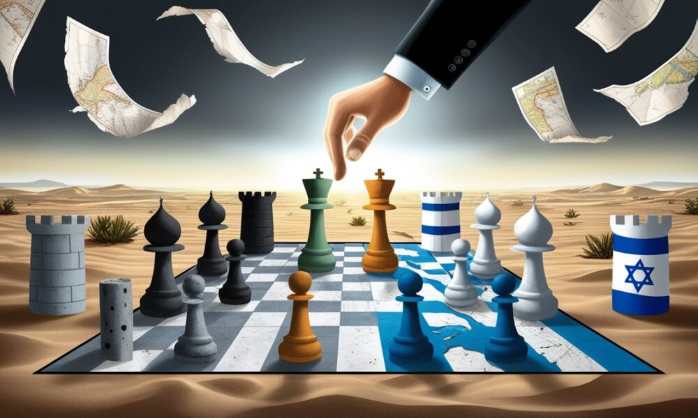 Symbolic illustration of Syria and Israel as chess pieces moved by a shadowy foreign hand.