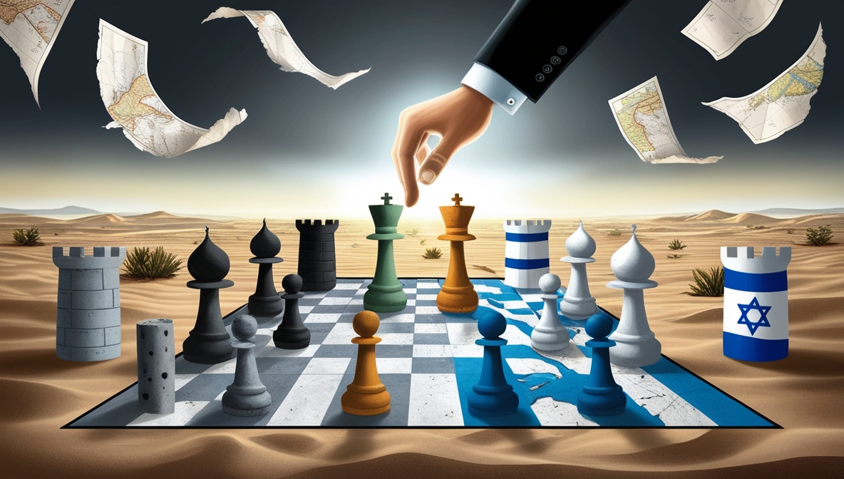 Symbolic illustration of Syria and Israel as chess pieces moved by a shadowy foreign hand.