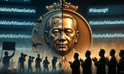 A cracked medal bearing Soeharto’s face, half polished by politicians, half corroded and haunted by silhouettes of protestors with candles — symbolizing resistance against whitewashing history.