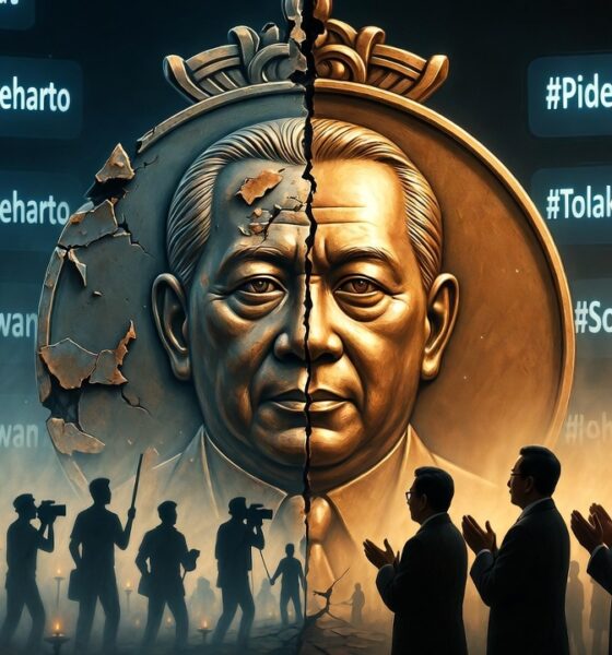 A cracked medal bearing Soeharto’s face, half polished by politicians, half corroded and haunted by silhouettes of protestors with candles — symbolizing resistance against whitewashing history.