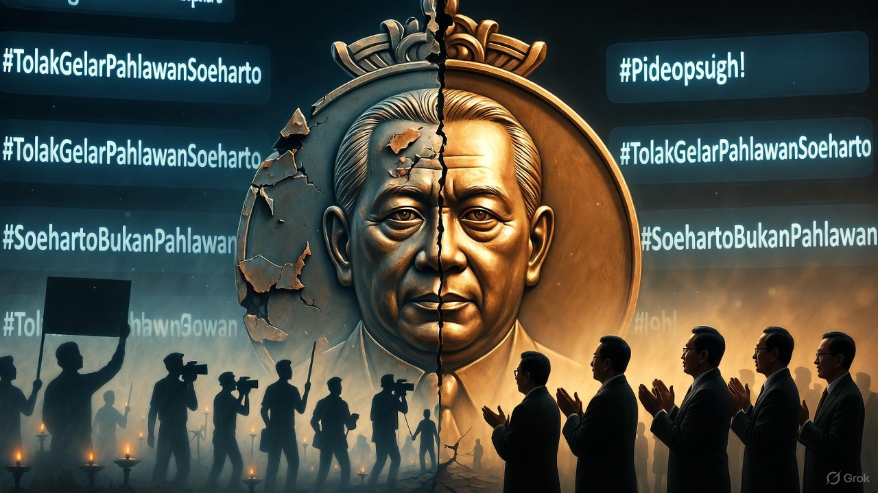A cracked medal bearing Soeharto’s face, half polished by politicians, half corroded and haunted by silhouettes of protestors with candles — symbolizing resistance against whitewashing history.