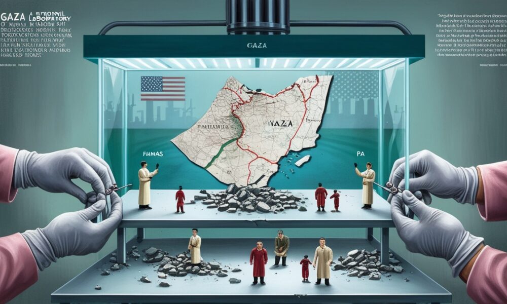 Ilustrasi editorial menggambarkan Gaza sebagai laboratorium perdamaian palsu, dengan tangan-tangan kekuatan asing mengatur peta yang hancur dan rakyat Palestina sebagai miniatur di atas meja eksperimen.