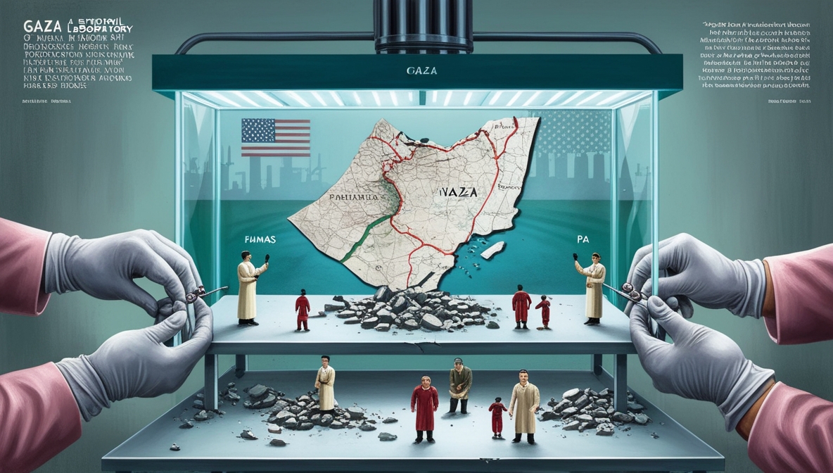 Ilustrasi editorial menggambarkan Gaza sebagai laboratorium perdamaian palsu, dengan tangan-tangan kekuatan asing mengatur peta yang hancur dan rakyat Palestina sebagai miniatur di atas meja eksperimen.