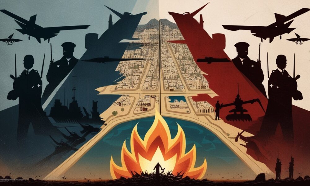 Ilustrasi editorial yang menampilkan Gaza sebagai papan catur global. Di satu sisi berdiri blok AS–Israel dan sekutunya, di sisi lain blok Rusia–Cina, sementara Poros Perlawanan muncul sebagai kekuatan ketiga yang menyalakan kobaran api perlawanan. Langit gelap dipenuhi drone dan jet tempur, sementara warga sipil terlihat sebagai bayangan di tengah reruntuhan, menunjukkan bahwa mereka menjadi korban utama permainan kekuatan dunia.