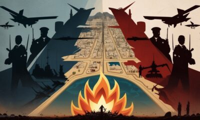 Ilustrasi editorial yang menampilkan Gaza sebagai papan catur global. Di satu sisi berdiri blok AS–Israel dan sekutunya, di sisi lain blok Rusia–Cina, sementara Poros Perlawanan muncul sebagai kekuatan ketiga yang menyalakan kobaran api perlawanan. Langit gelap dipenuhi drone dan jet tempur, sementara warga sipil terlihat sebagai bayangan di tengah reruntuhan, menunjukkan bahwa mereka menjadi korban utama permainan kekuatan dunia.