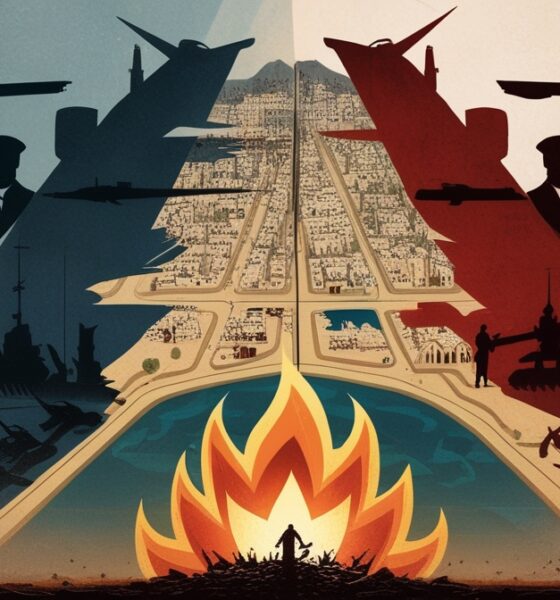 Ilustrasi editorial yang menampilkan Gaza sebagai papan catur global. Di satu sisi berdiri blok AS–Israel dan sekutunya, di sisi lain blok Rusia–Cina, sementara Poros Perlawanan muncul sebagai kekuatan ketiga yang menyalakan kobaran api perlawanan. Langit gelap dipenuhi drone dan jet tempur, sementara warga sipil terlihat sebagai bayangan di tengah reruntuhan, menunjukkan bahwa mereka menjadi korban utama permainan kekuatan dunia.