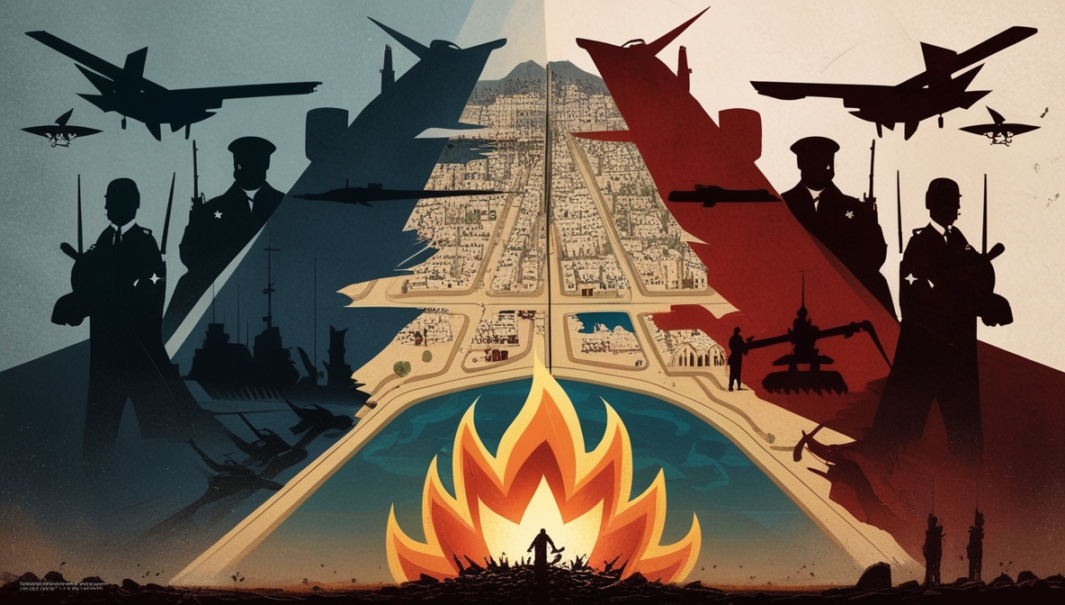 Ilustrasi editorial yang menampilkan Gaza sebagai papan catur global. Di satu sisi berdiri blok AS–Israel dan sekutunya, di sisi lain blok Rusia–Cina, sementara Poros Perlawanan muncul sebagai kekuatan ketiga yang menyalakan kobaran api perlawanan. Langit gelap dipenuhi drone dan jet tempur, sementara warga sipil terlihat sebagai bayangan di tengah reruntuhan, menunjukkan bahwa mereka menjadi korban utama permainan kekuatan dunia.