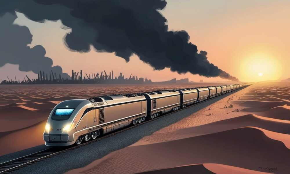 Ilustrasi kereta barang melaju di padang gurun sementara asap konflik tampak jauh di horizon, menggambarkan bagaimana mega proyek terus berjalan di tengah krisis Gaza.