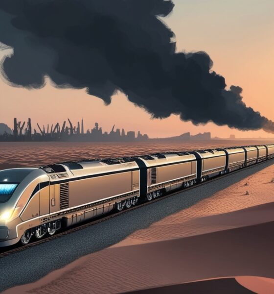 Ilustrasi kereta barang melaju di padang gurun sementara asap konflik tampak jauh di horizon, menggambarkan bagaimana mega proyek terus berjalan di tengah krisis Gaza.