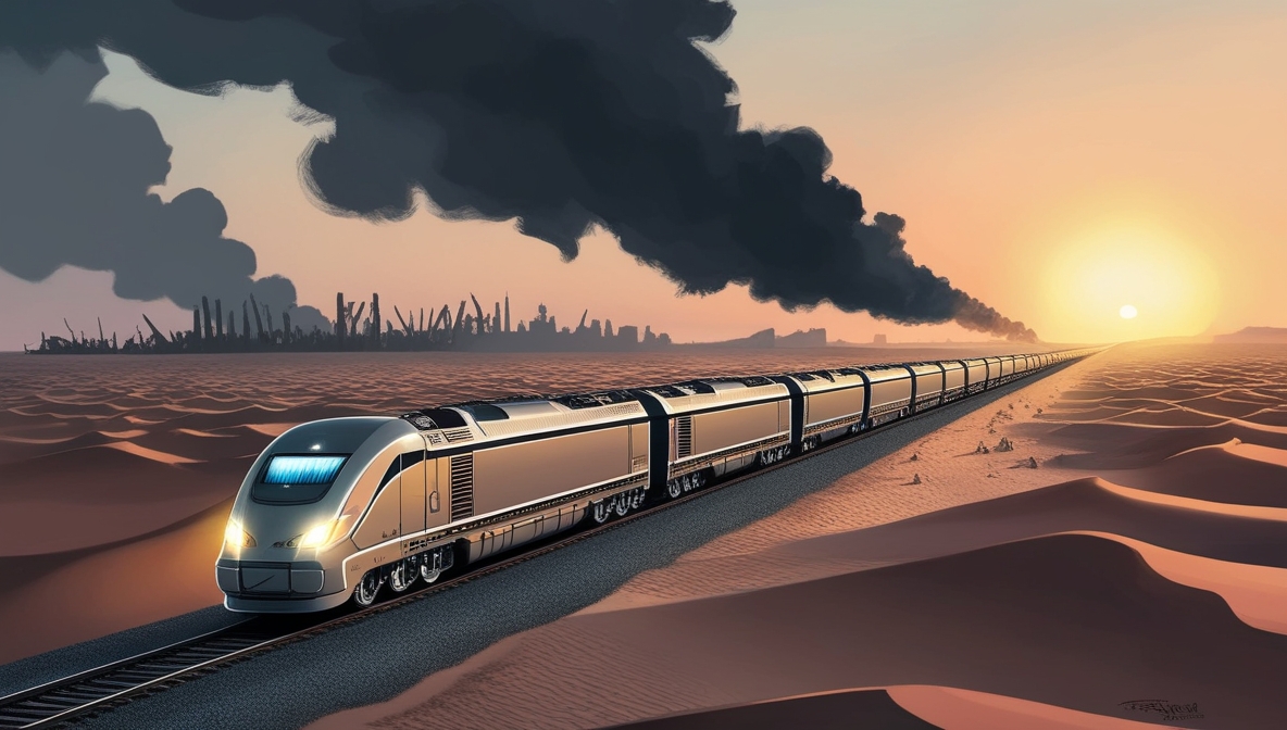 Ilustrasi kereta barang melaju di padang gurun sementara asap konflik tampak jauh di horizon, menggambarkan bagaimana mega proyek terus berjalan di tengah krisis Gaza.