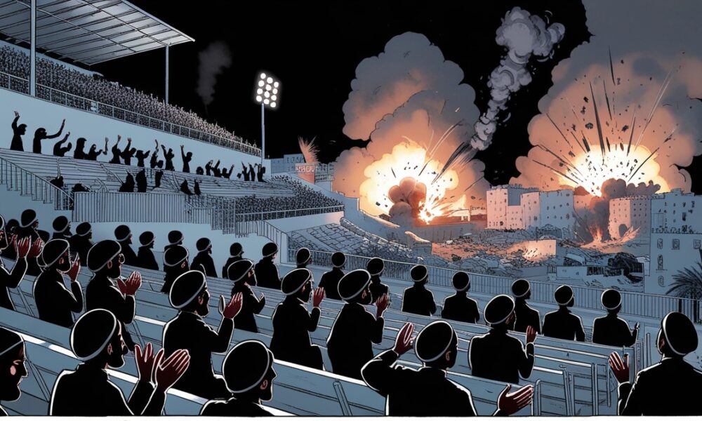 Settlers cheering as Gaza burns in the background, ilustrasi editorial satir tentang dukungan publik terhadap kekerasan