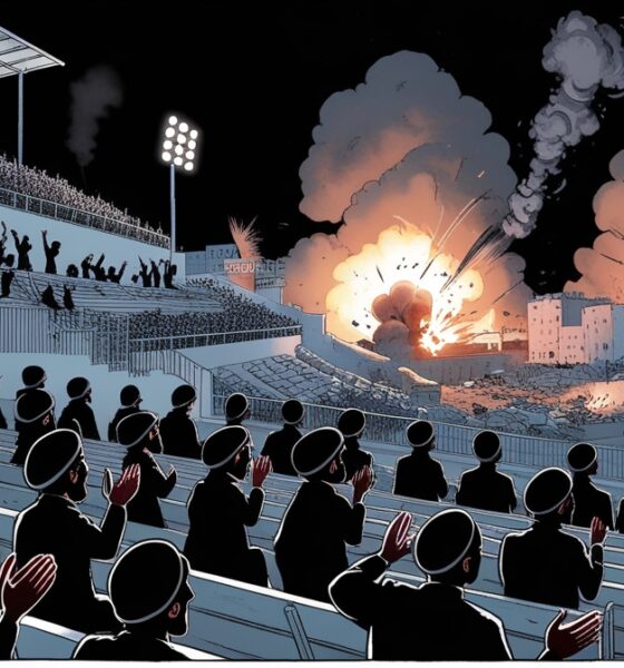 Settlers cheering as Gaza burns in the background, ilustrasi editorial satir tentang dukungan publik terhadap kekerasan