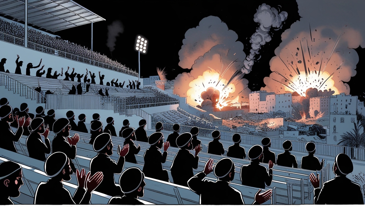 Settlers cheering as Gaza burns in the background, ilustrasi editorial satir tentang dukungan publik terhadap kekerasan