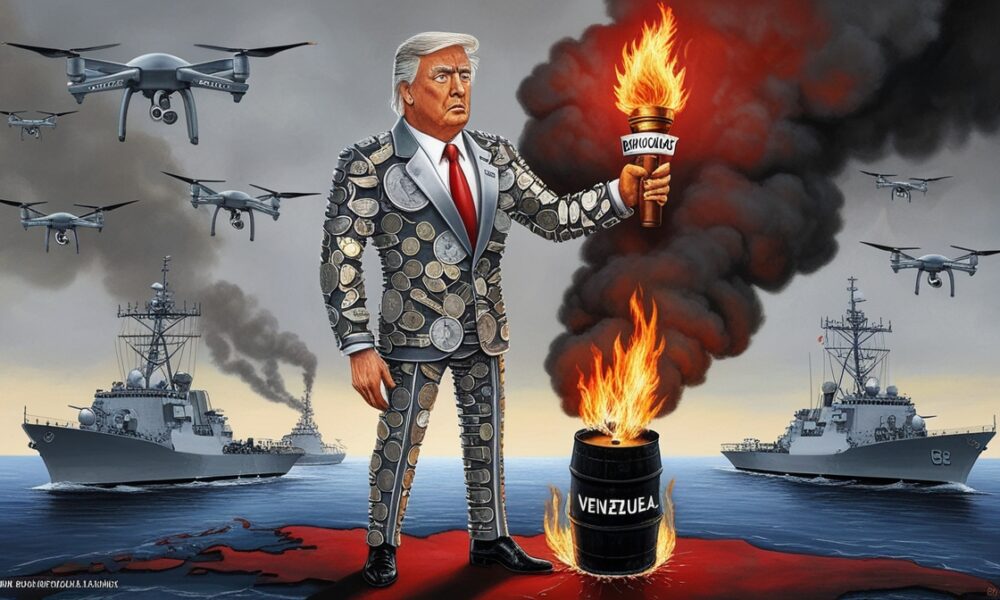 Editorial illustration of the U.S. burning the Caribbean under the banner of “Democracy,” symbolizing military hypocrisy toward Venezuela.