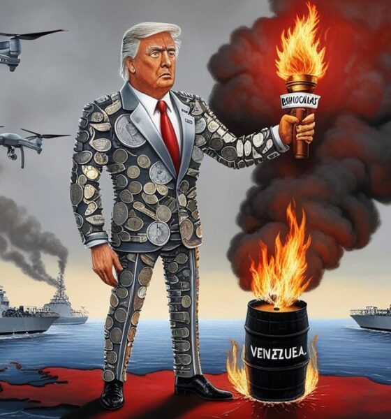 Editorial illustration of the U.S. burning the Caribbean under the banner of “Democracy,” symbolizing military hypocrisy toward Venezuela.