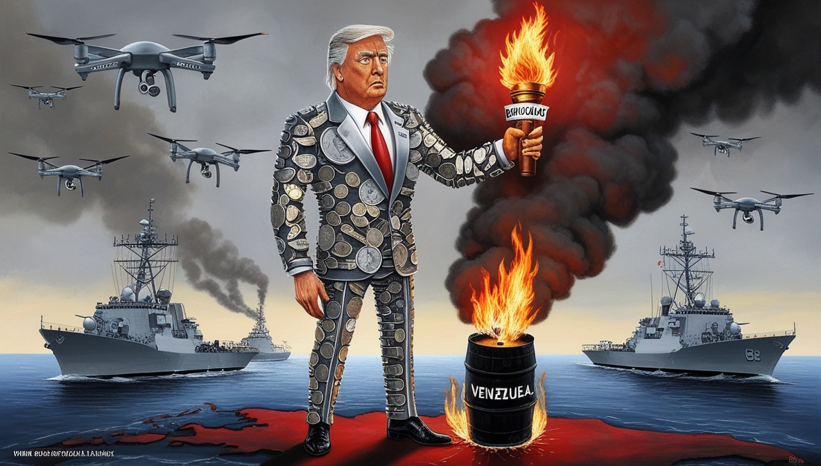 Editorial illustration of the U.S. burning the Caribbean under the banner of “Democracy,” symbolizing military hypocrisy toward Venezuela.