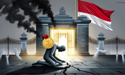 Patung manusia berlutut dengan medali emas di lehernya, berdiri di depan gerbang istana bercahaya palsu, sementara bayangan tangan-tangan korban muncul dari bawah; simbol sejarah yang dipaksa tunduk pada kekuasaan.