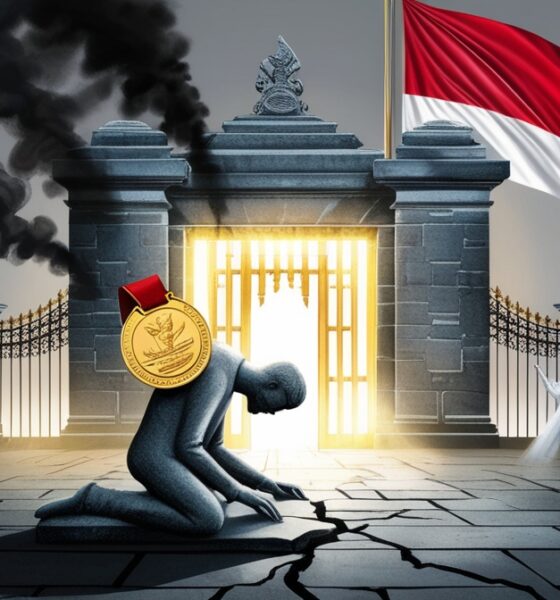 Patung manusia berlutut dengan medali emas di lehernya, berdiri di depan gerbang istana bercahaya palsu, sementara bayangan tangan-tangan korban muncul dari bawah; simbol sejarah yang dipaksa tunduk pada kekuasaan.