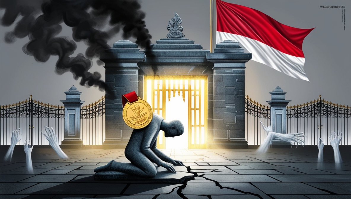 Patung manusia berlutut dengan medali emas di lehernya, berdiri di depan gerbang istana bercahaya palsu, sementara bayangan tangan-tangan korban muncul dari bawah; simbol sejarah yang dipaksa tunduk pada kekuasaan.