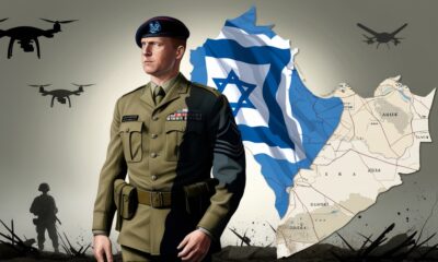 Ilustrasi editorial seorang tentara Inggris berdiri dengan bayangan lambang militer Israel, berlatar peta Gaza yang retak sebagai simbol keterlibatan dalam konflik.