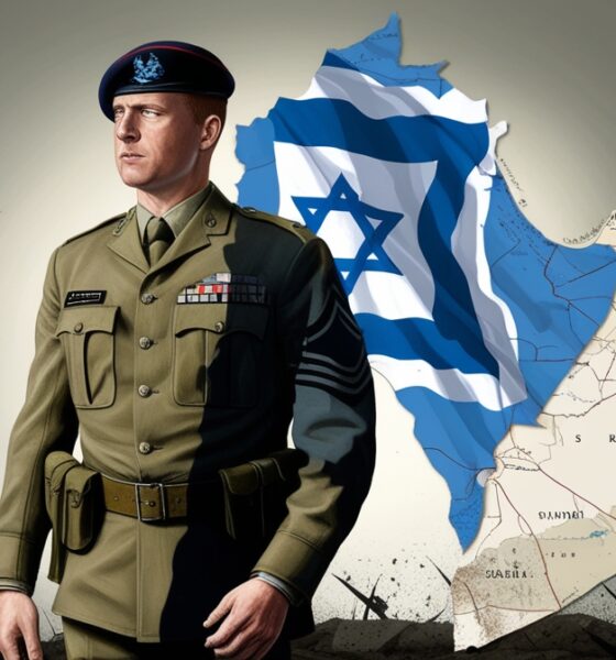 Ilustrasi editorial seorang tentara Inggris berdiri dengan bayangan lambang militer Israel, berlatar peta Gaza yang retak sebagai simbol keterlibatan dalam konflik.