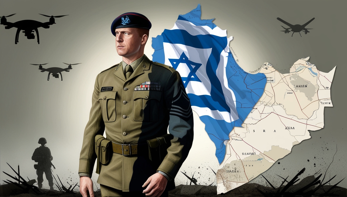 Ilustrasi editorial seorang tentara Inggris berdiri dengan bayangan lambang militer Israel, berlatar peta Gaza yang retak sebagai simbol keterlibatan dalam konflik.