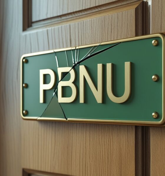 Papan nama PBNU yang retak di pintu secara realistik.