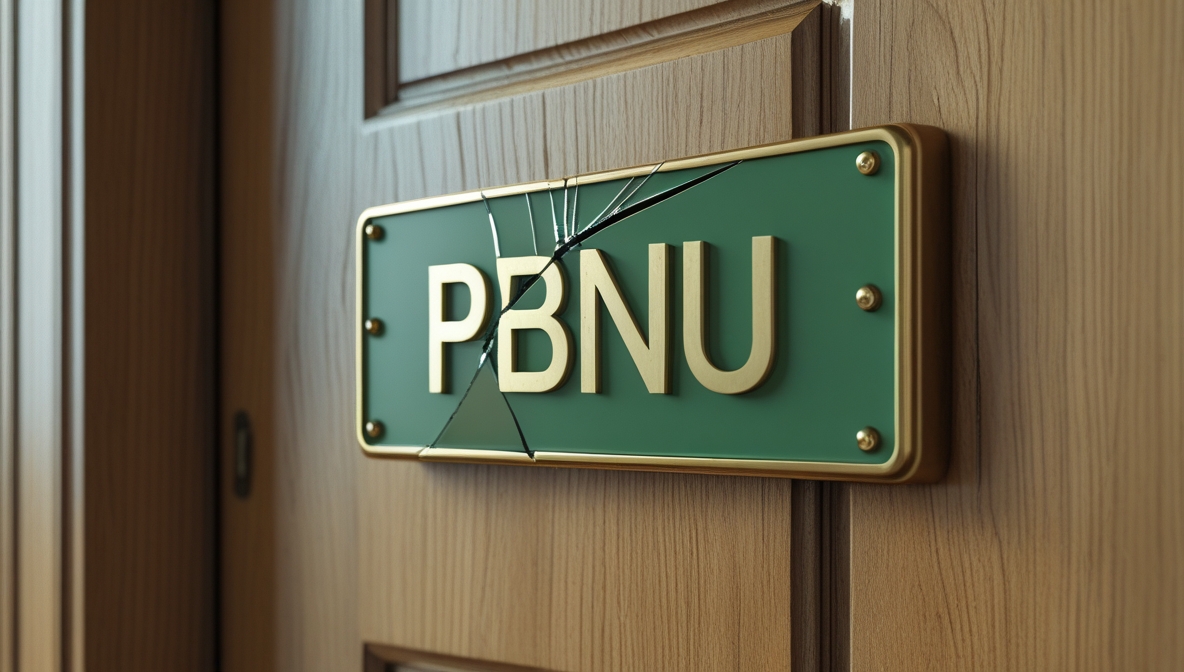 Papan nama PBNU yang retak di pintu secara realistik.