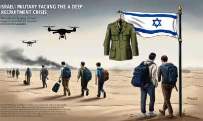 Symbolic illustration of Israel’s military recruitment crisis, showing empty uniforms and civilians walking away.