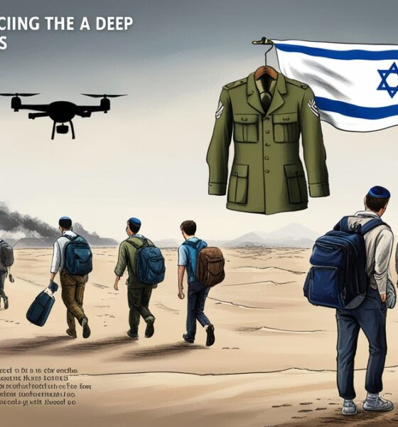 Symbolic illustration of Israel’s military recruitment crisis, showing empty uniforms and civilians walking away.