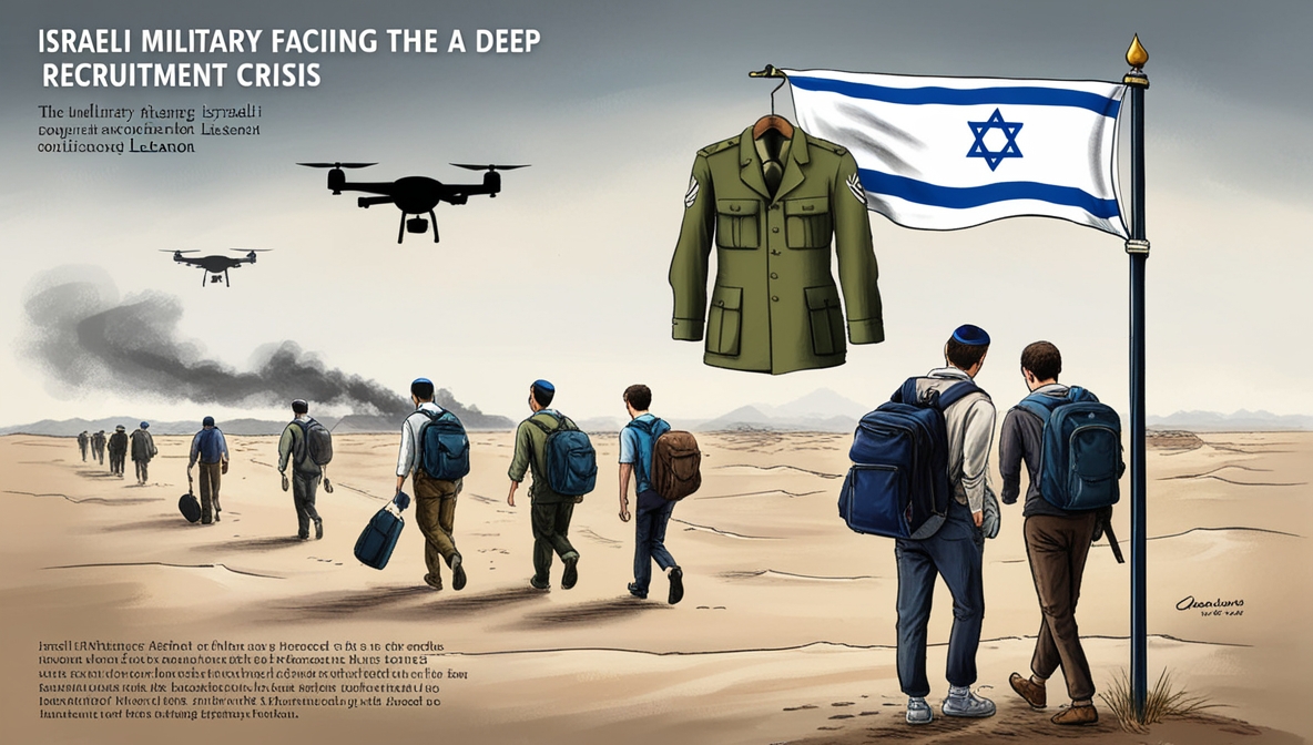 Symbolic illustration of Israel’s military recruitment crisis, showing empty uniforms and civilians walking away.