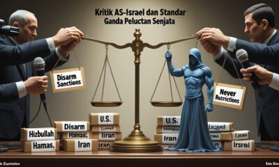 Ilustrasi editorial tentang standar ganda AS–Israel dalam pelucutan senjata, menampilkan timbangan keadilan timpang dan simbol intervensi politik.