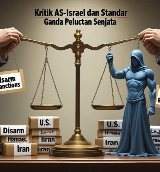 Ilustrasi editorial tentang standar ganda AS–Israel dalam pelucutan senjata, menampilkan timbangan keadilan timpang dan simbol intervensi politik.