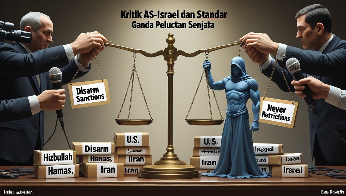 Ilustrasi editorial tentang standar ganda AS–Israel dalam pelucutan senjata, menampilkan timbangan keadilan timpang dan simbol intervensi politik.